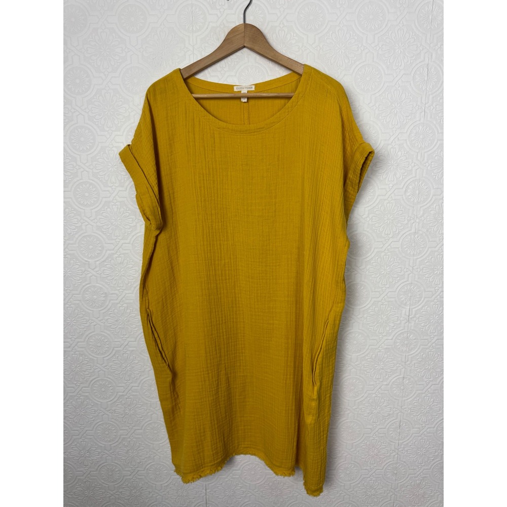 Eileen Fisher Mustard Yellow Organic Cotton Gauze Shift Dress Large Pocket Hem